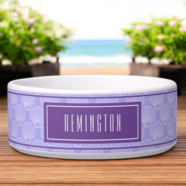 Écuelle Beach Sea Shell Motif Sur Purple Custom Animaux (Dog bowl with white seashell pattern template text)