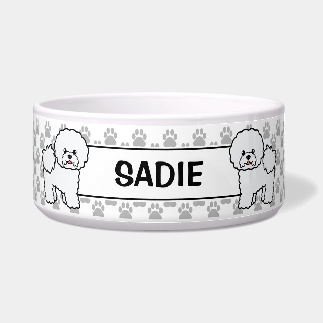 Écuelle Bichon Frise Chiens de Dessin Animé Mignons & Nom  (Devant)