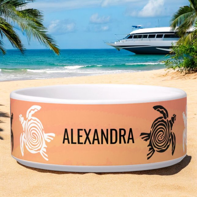 Écuelle Black White Tribal Art Tortues de mer Orange Pet (custom pet bowl front with tribal turtle design)