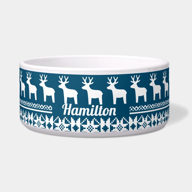 Écuelle Blue Christmas Snowflake Reindeen Monogram Pet (Devant)