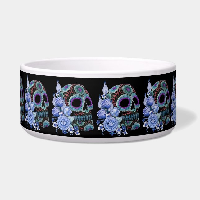 Écuelle Blue Floral Black Sugar Skull Jour des morts (Devant)