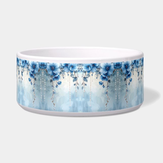 Écuelle Blue Flowers and Pearls Ceramic Pet Bowl (Devant)