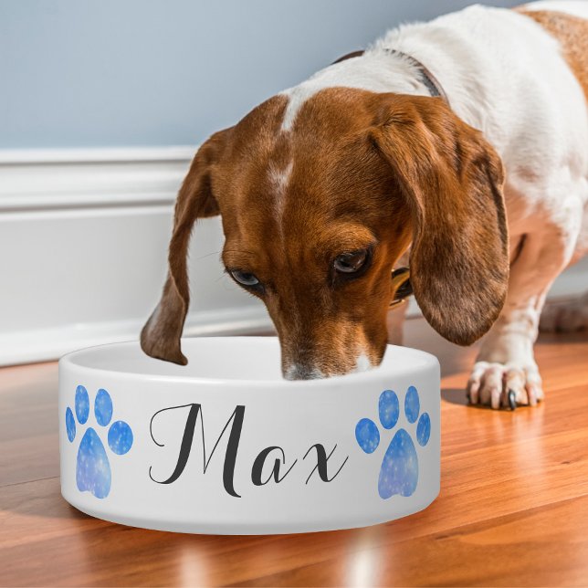 Écuelle Blue Sparkly Empreinte de patte Personnaliser le b (This dog bowl is cheerful and fun with glittery blue paw prints on either side of your pet's name!)