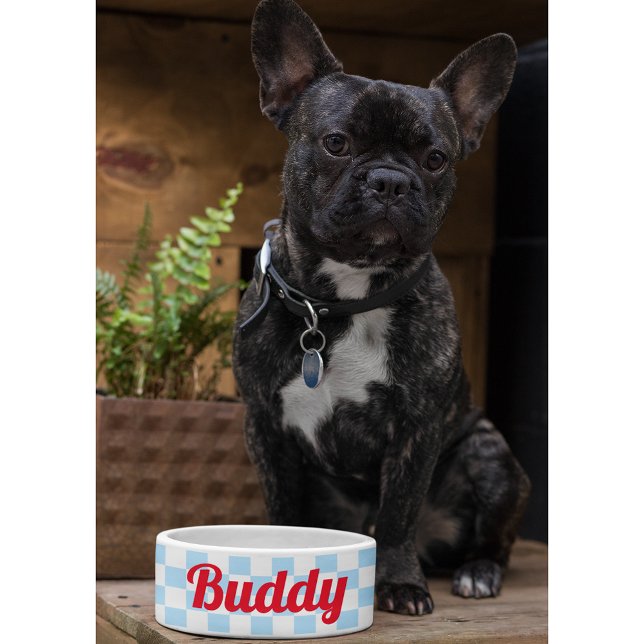 Écuelle Blue White À damiers Chien Chien Chien Chien Nom d (Blue White Checkered Dog Puppy Cat Name Retro Food Bowl)