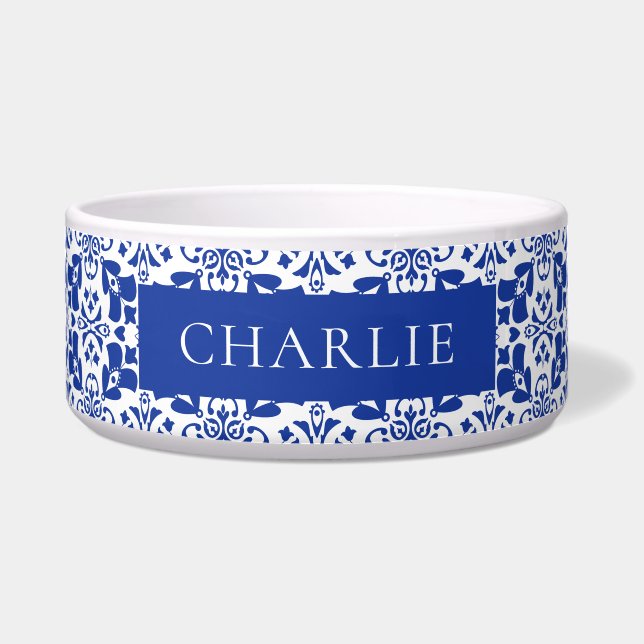 Écuelle Blue White Tile Pattern Elegant Personalized Pet (Devant)