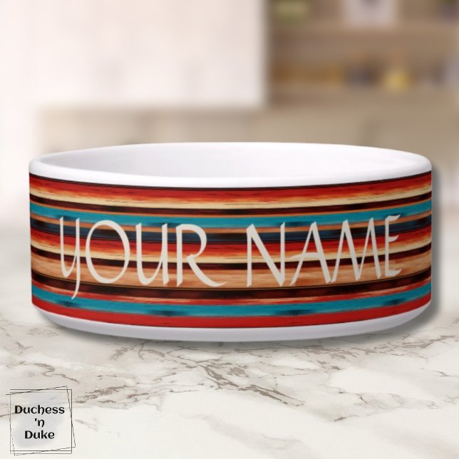 Écuelle Bol à nourriture personnalisé avec nom de l'animal (Western Serape Stripe Custom Pet Name Pet Bowl)