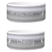 Bol en argent pour chien avec nom 'manger, jouer,