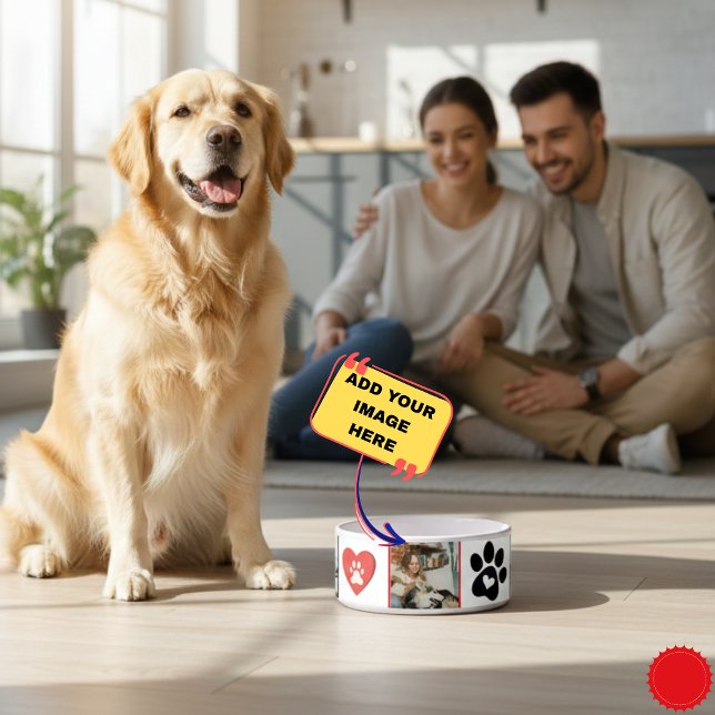 Écuelle Bol en collage de photos de chat personnalisable - (Customizable Cat Photo Collage Bowl - Red and Black Heart Paw Print Design - Personalized Pet Feedin)
