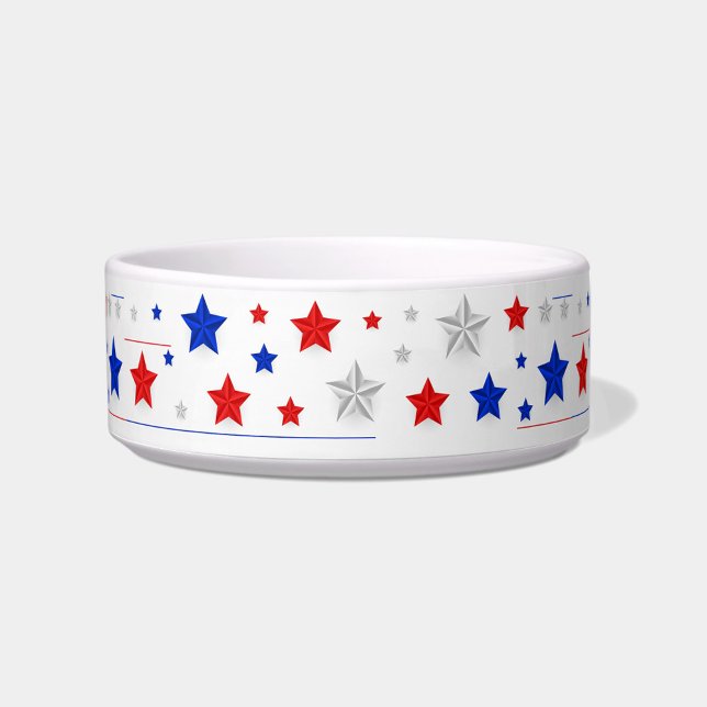 Écuelle Bol pour animaux à étoiles décoratives (A decorative pet bowl adorned with red, white, and blue stars.)