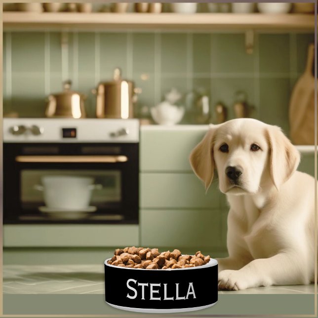 Écuelle Bol pour animaux de compagnie noir et blanc simple (A black and white bowl for your dog's food or water, personalized with your pet's name)