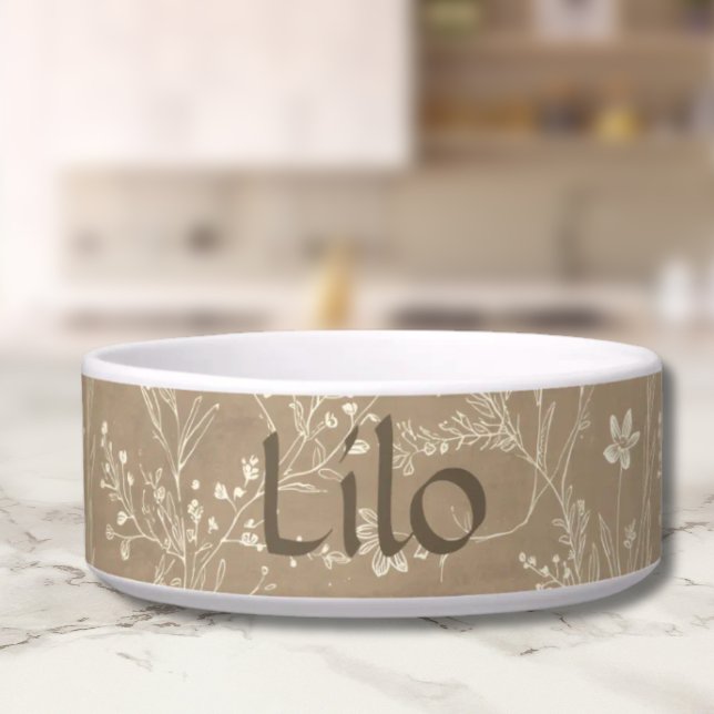 Écuelle Bol pour chien - Botanique marron, Personnalisé (Personalized Brown Botanical Pet Bowl)