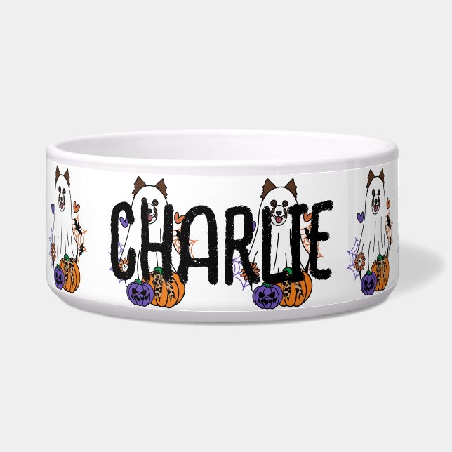 Écuelle Bordure Collie foncé Brown Halloween Chien fantôme (Devant)