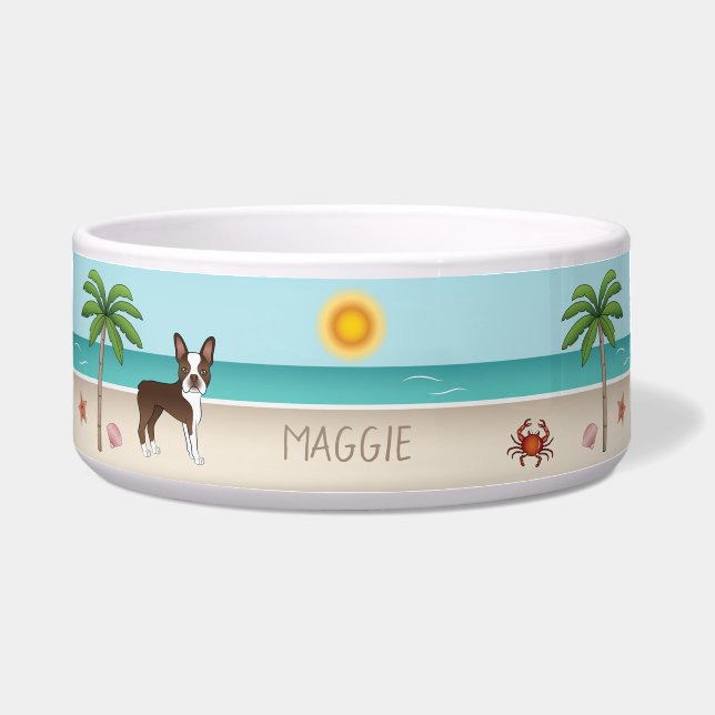 Écuelle Boston Terrier Brun sur une plage tropicale estiva (Devant)