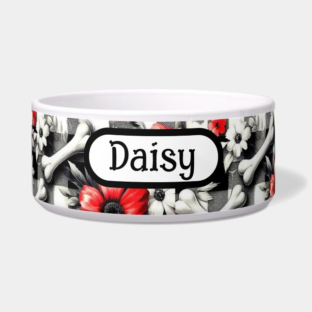 Écuelle Broderie Gingham Carreaux Noir Blanc Rouge Floral (Devant)