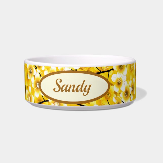Écuelle Chat-chien de Motif à fleurs joliment jaune (Devant)