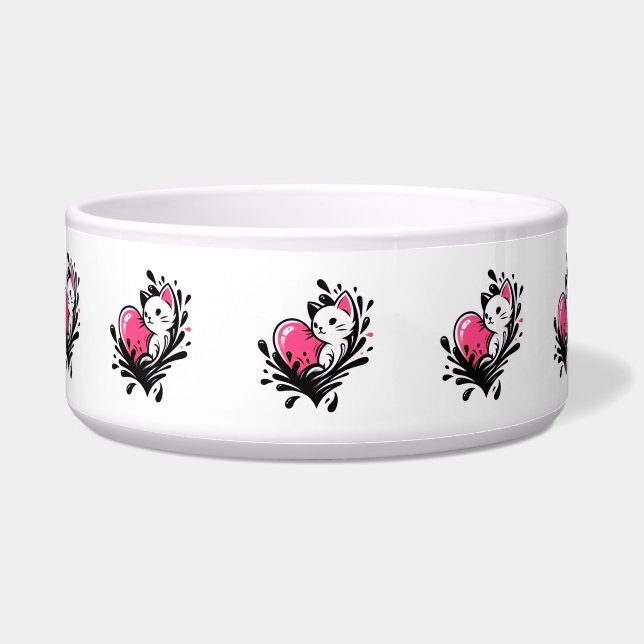 Écuelle Chat Mignon Avec Éclaboussure De Cœur Rose (Devant)