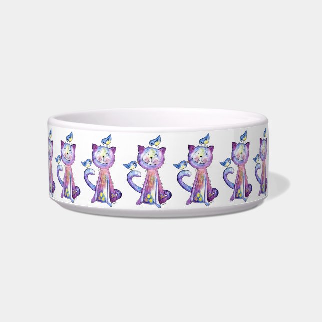 Écuelle Chat mignon blanc violet avec bol d'oiseaux (Devant)