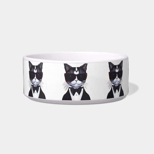 Écuelle Chat noir et blanc dans un smoking et nœud papillo (Devant)