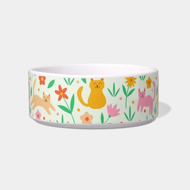 Écuelle Chats mignons heureux avec des fleurs orange rouge (Devant)