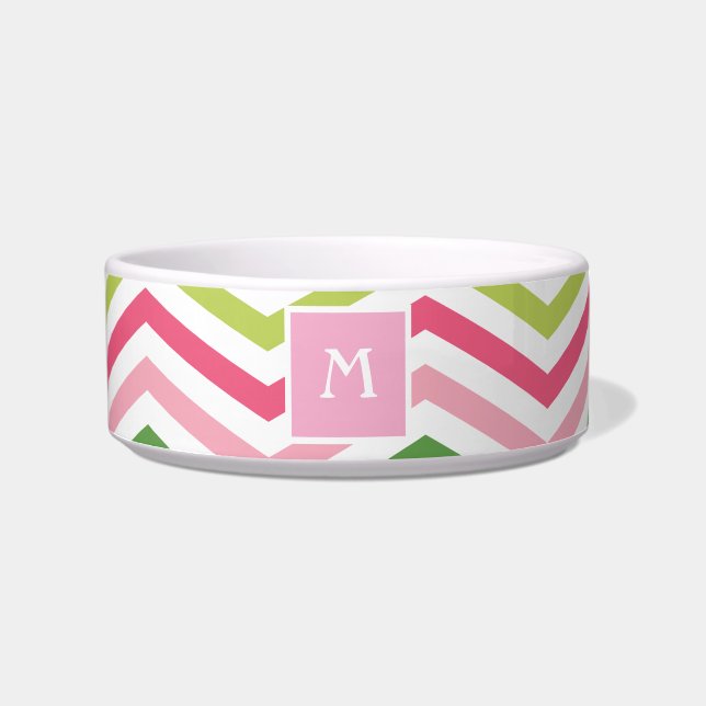 Écuelle Chevron rose et vert| Disque de chat monogramme (Devant)