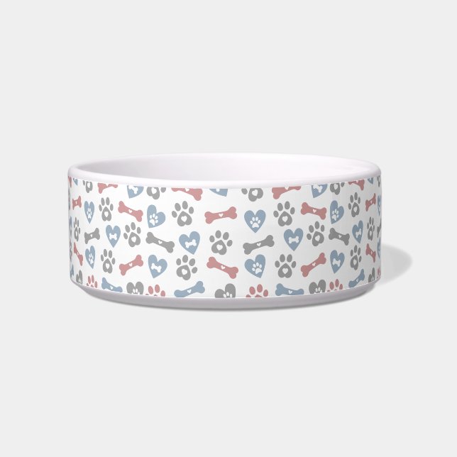 Écuelle Chien Bones Paws Et Coeurs Bleu rose Gris Motif (Gauche)