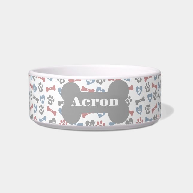 Écuelle Chien Bones Paws Et Coeurs Bleu rose Gris Motif (Devant)