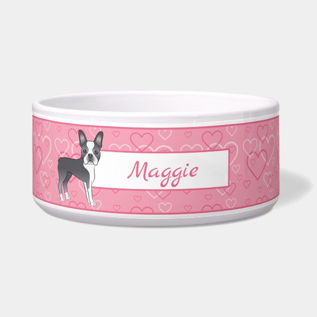 Écuelle Chien Boston Terrier Bleu sur cœurs roses et nom (Devant)