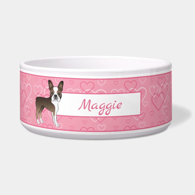 Écuelle Chien Boston Terrier Bringé sur des cœurs roses et (Devant)