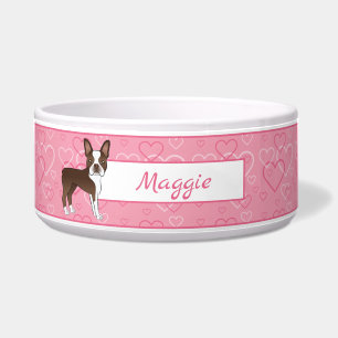 Écuelle Chien Boston Terrier Brun Sur Cœurs Roses Et Nom