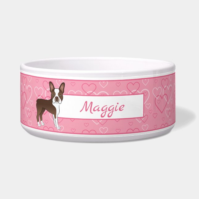 Écuelle Chien Boston Terrier Brun Sur Cœurs Roses Et Nom (Devant)