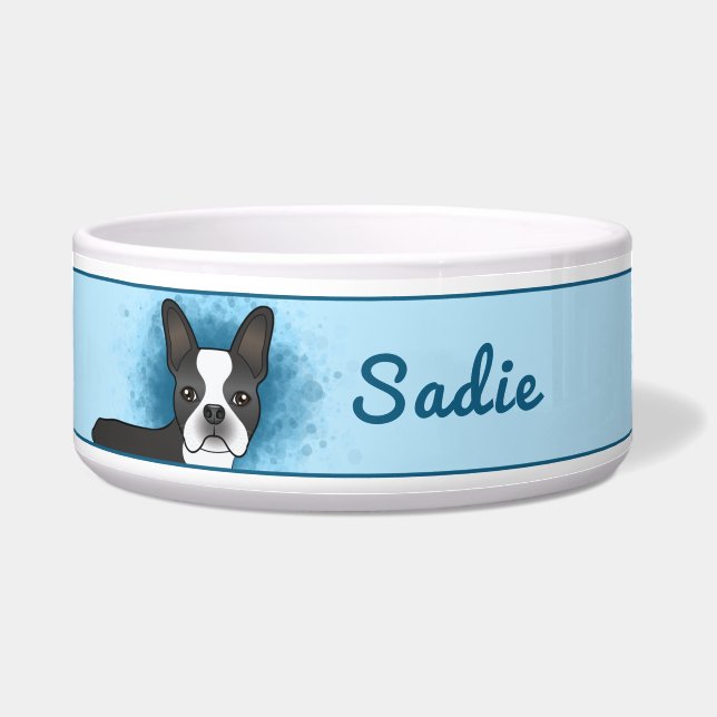 Écuelle Chien Boston Terrier noir et blanc sur fond bleu a (Devant)
