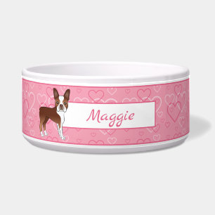 Écuelle Chien Boston Terrier Rouge Sur Coeurs Roses Et Nom