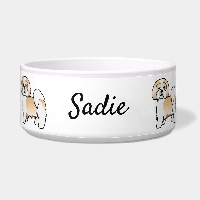 Écuelle Chien de dessin animé Lhasa Apso or et blanc & nom (Devant)
