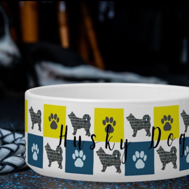 Écuelle Chien Husky et Paw Jaune et Bleu Cute Chien Bowl (Husky Personalised Dog Bowl)
