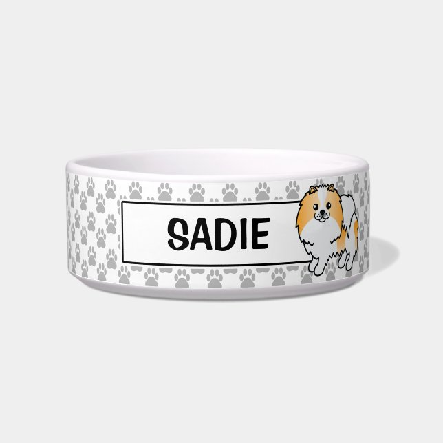 Écuelle Chien pomeranian orange et blanc et nom de l'anima (Devant)