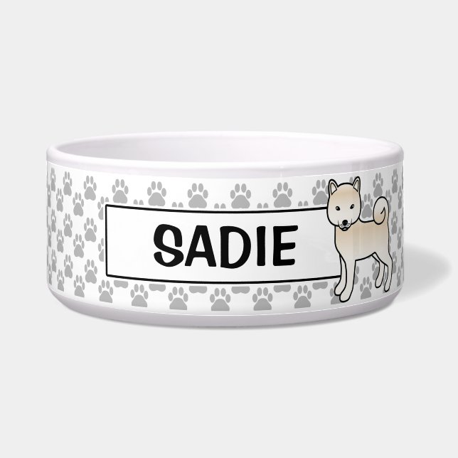 Écuelle Chien Shiba Inu Mignon Crème Avec Nom de l'Animal (Devant)