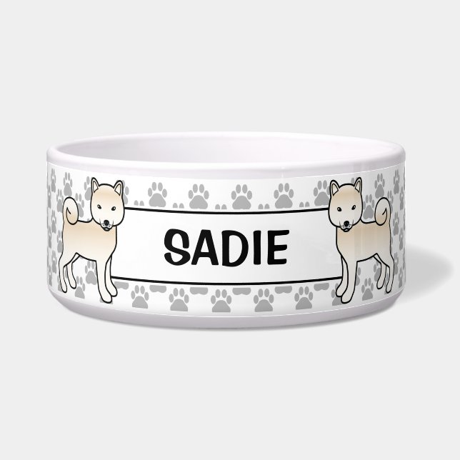 Écuelle Chien Shiba Inu Mignon Crème Avec Nom de l'Animal (Devant)