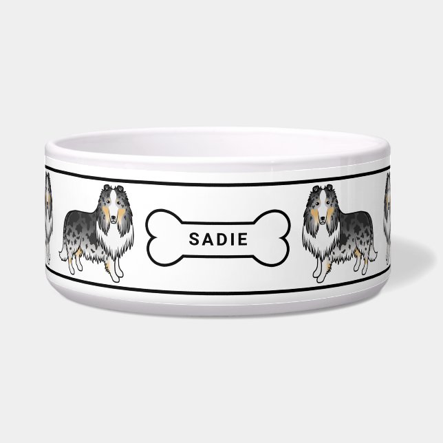 Écuelle Chiens Colley Rough Blue Merle avec os et nom (Devant)