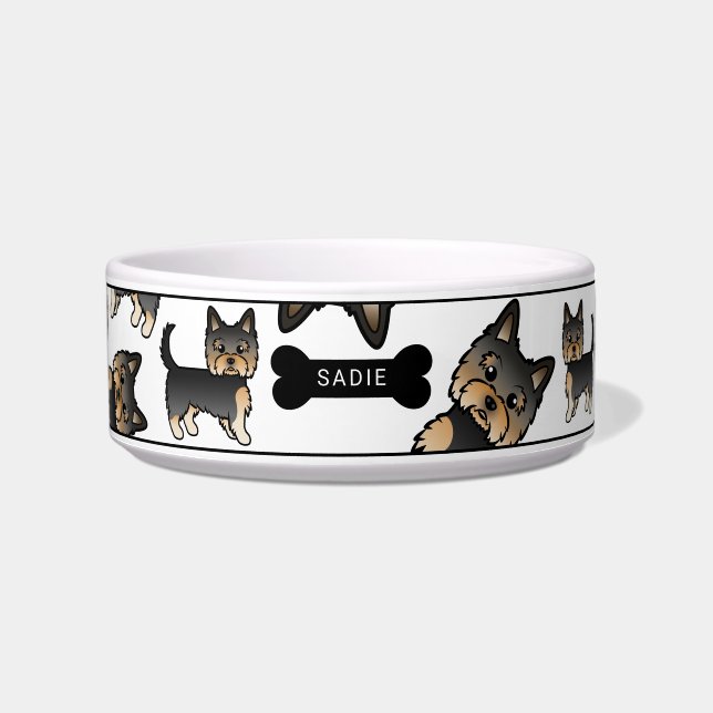Écuelle Chiens Yorkie Noir et Feu Motif & Nom (Devant)