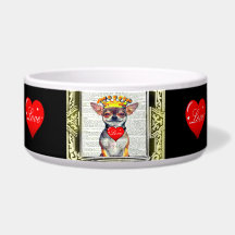 CHIHUAHUA SOURIANT AUX COEURS ROUGES PLAT/BOWL DE