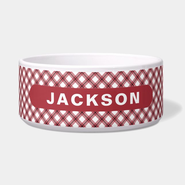 Écuelle Classic Red & White Argyle Plaid Dog Name (Devant)