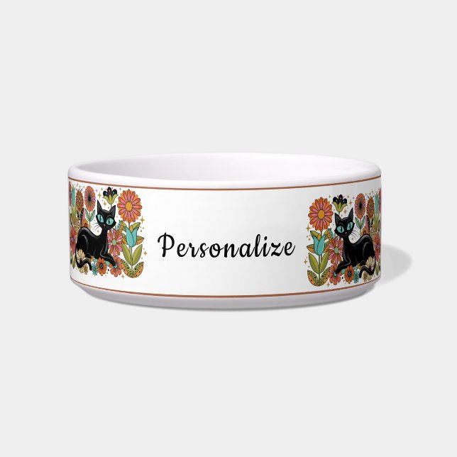 Écuelle Conception personnalisée de chat noir floral rétro (Devant)