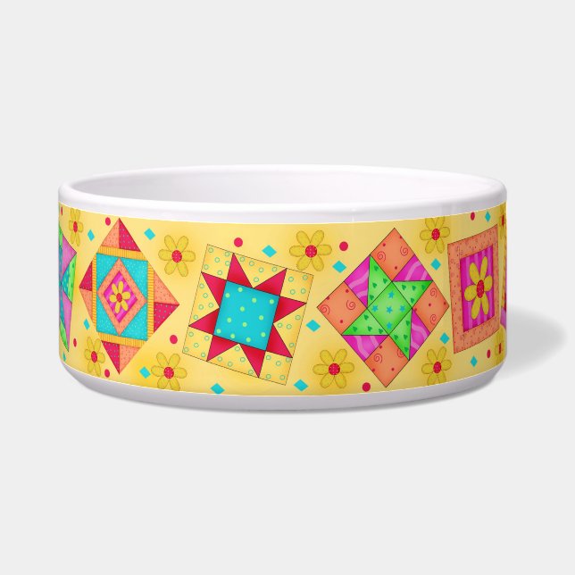 Écuelle Corail jaune Quilt Block Chien Nourriture Bowl (Droite)