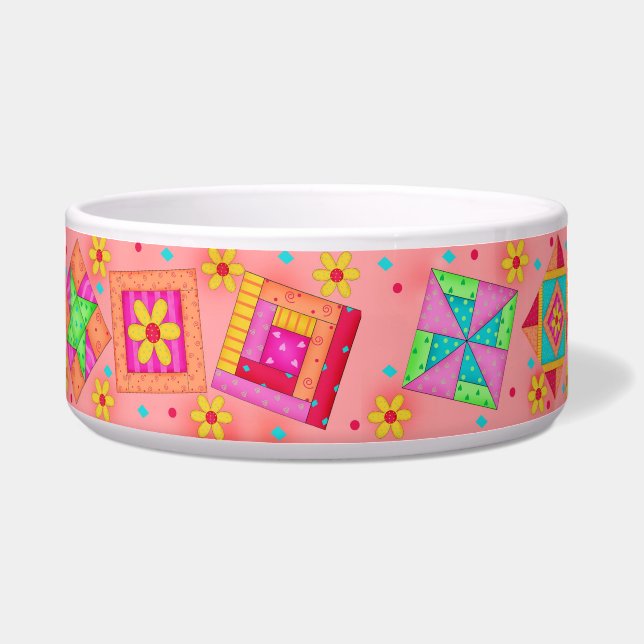 Écuelle Coral Orange Quilt Block Chat Food Bowl (Devant)