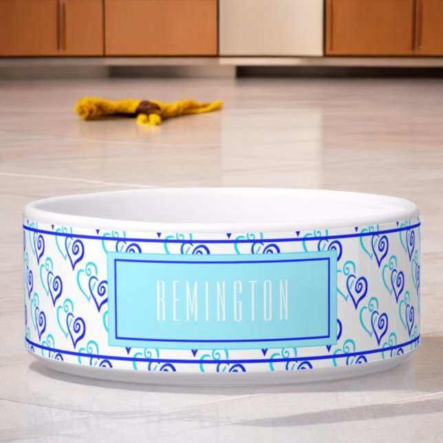 Écuelle Couleurs Bleues Deux Motif Coeur Lié Personnalisé (front custom pet bowl blue linked heart pattern )