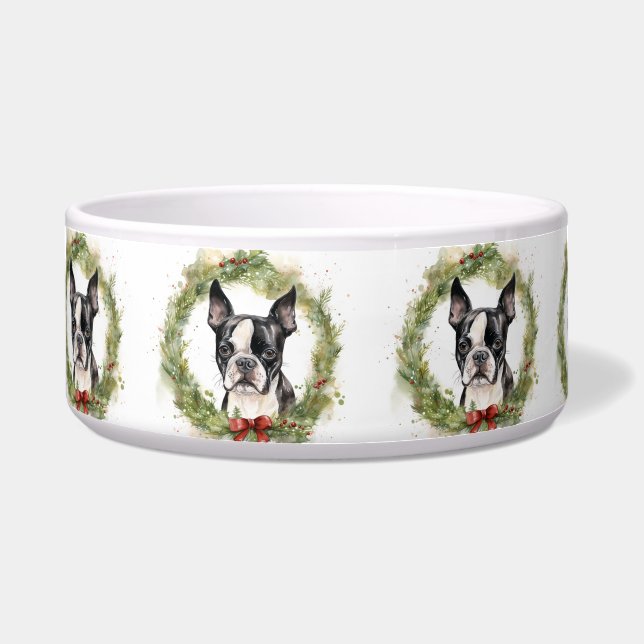 Écuelle Couronne de Noël de Boston Terrier Chien festif (Devant)