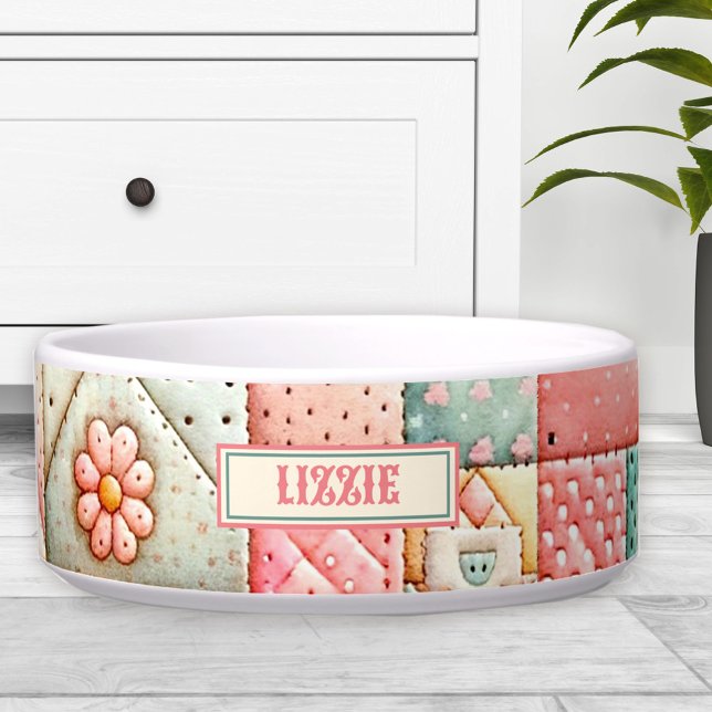 Écuelle Cute Quilt Patchwork Pastel Personnalisé Nom Cat P (Cute Quilt Patchwork Pastel Custom Name Cat Pet Bowl)