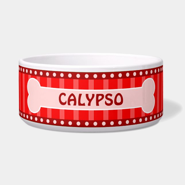 Écuelle Cute Red Stripes Os et Patrouilles Grand Chien Bow (Devant)