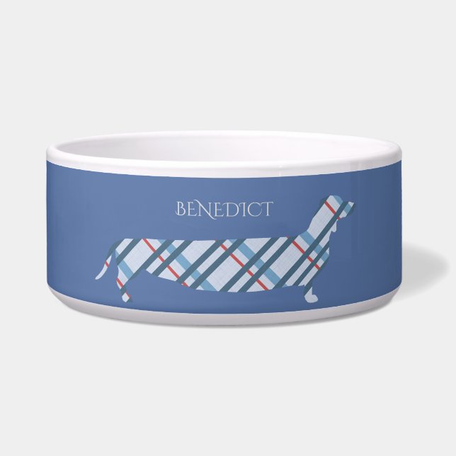 Écuelle Dachshund à carreaux sur fond bleu personnalisé (Devant)