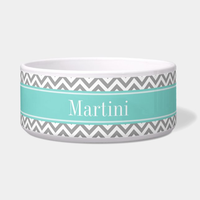 Écuelle Dk Gris Blanc LG Chevron Turquoise Monogramme Nom (Devant)